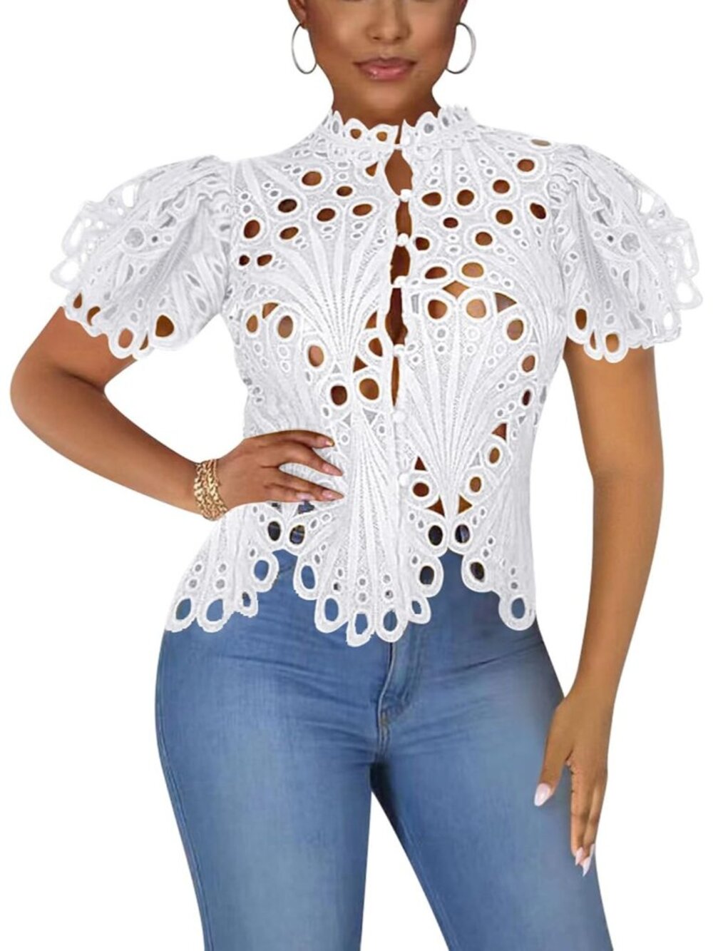 🆕Women’s White Lace Ruffle Puff Short Sleeve Button Down Tops Flare Tunic
